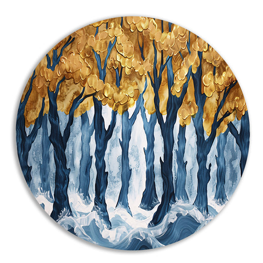 Surrealistisch bos met gouden bomen en water forex muurcirkel