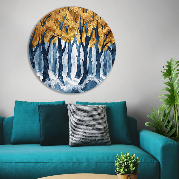 Surrealistisch bos met gouden bomen en water forex muurcirkel