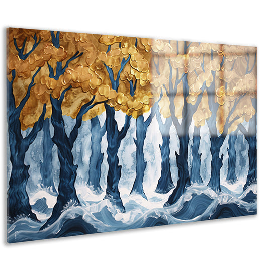 Surrealistisch bos met gouden bomen en water acrylglas