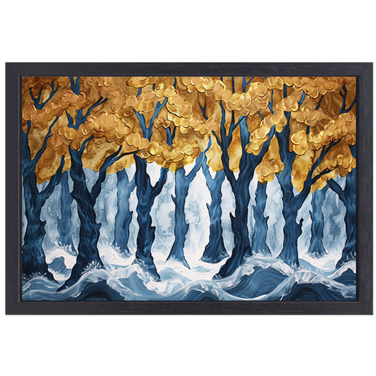 Surrealistisch bos met gouden bomen en water canvas met baklijst