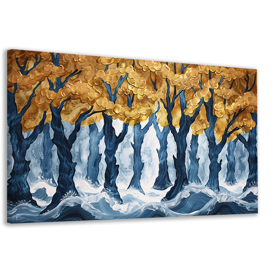 Surrealistisch bos met gouden bomen en water canvas