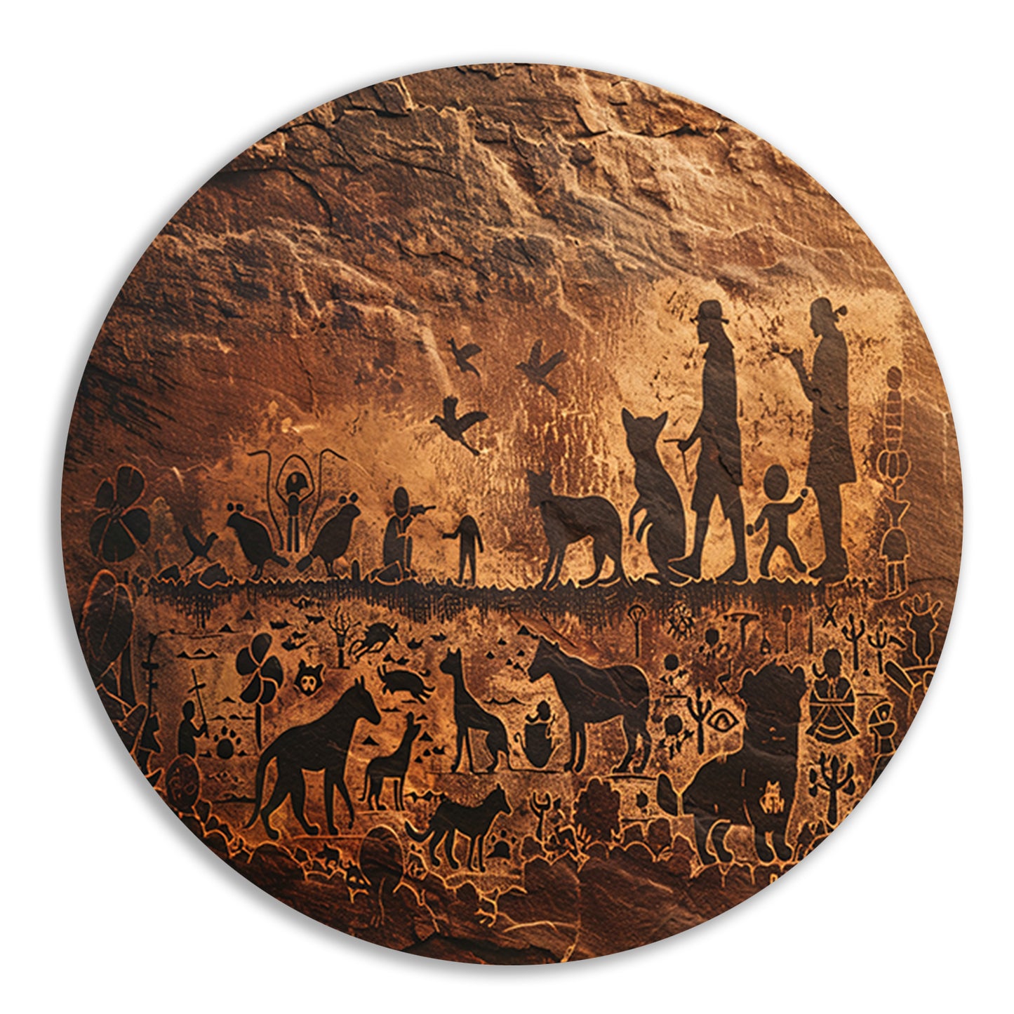 Mensen en Dieren in Sepia Wandeling aluminium muurcirkel