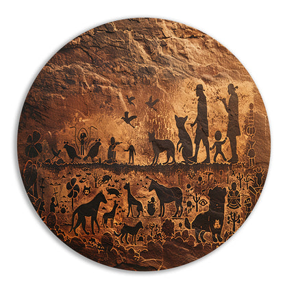 Mensen en Dieren in Sepia Wandeling aluminium muurcirkel