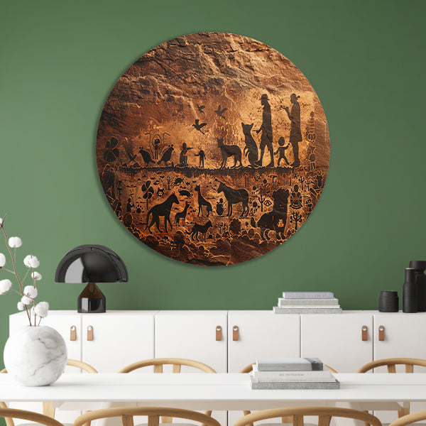 Mensen en Dieren in Sepia Wandeling aluminium muurcirkel