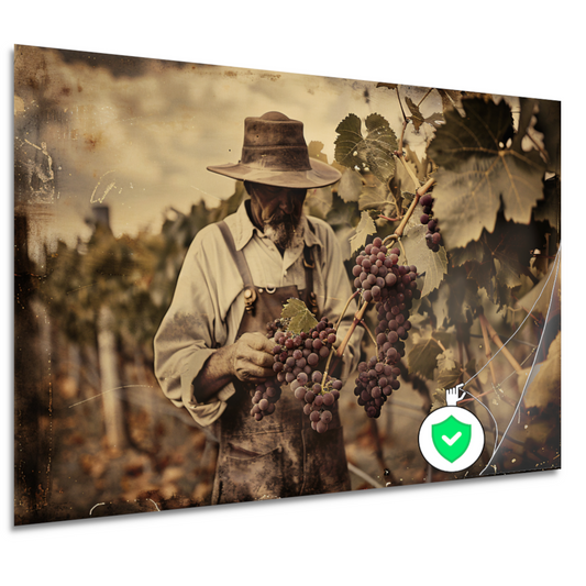 Oude wijnboer verzorgt zijn druiven poster