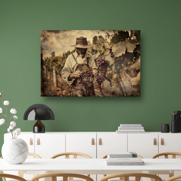 Oude wijnboer verzorgt zijn druiven acrylglas