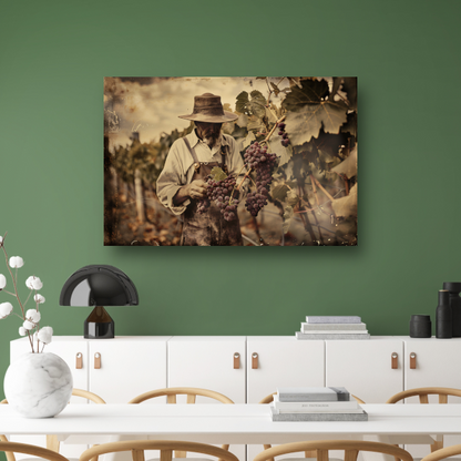 Oude wijnboer verzorgt zijn druiven acrylglas