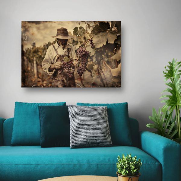 Oude wijnboer verzorgt zijn druiven acrylglas