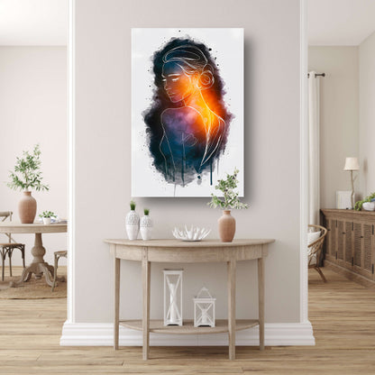 Vrouwensilhouet met kleurrijke achtergrondgradiënt acrylglas