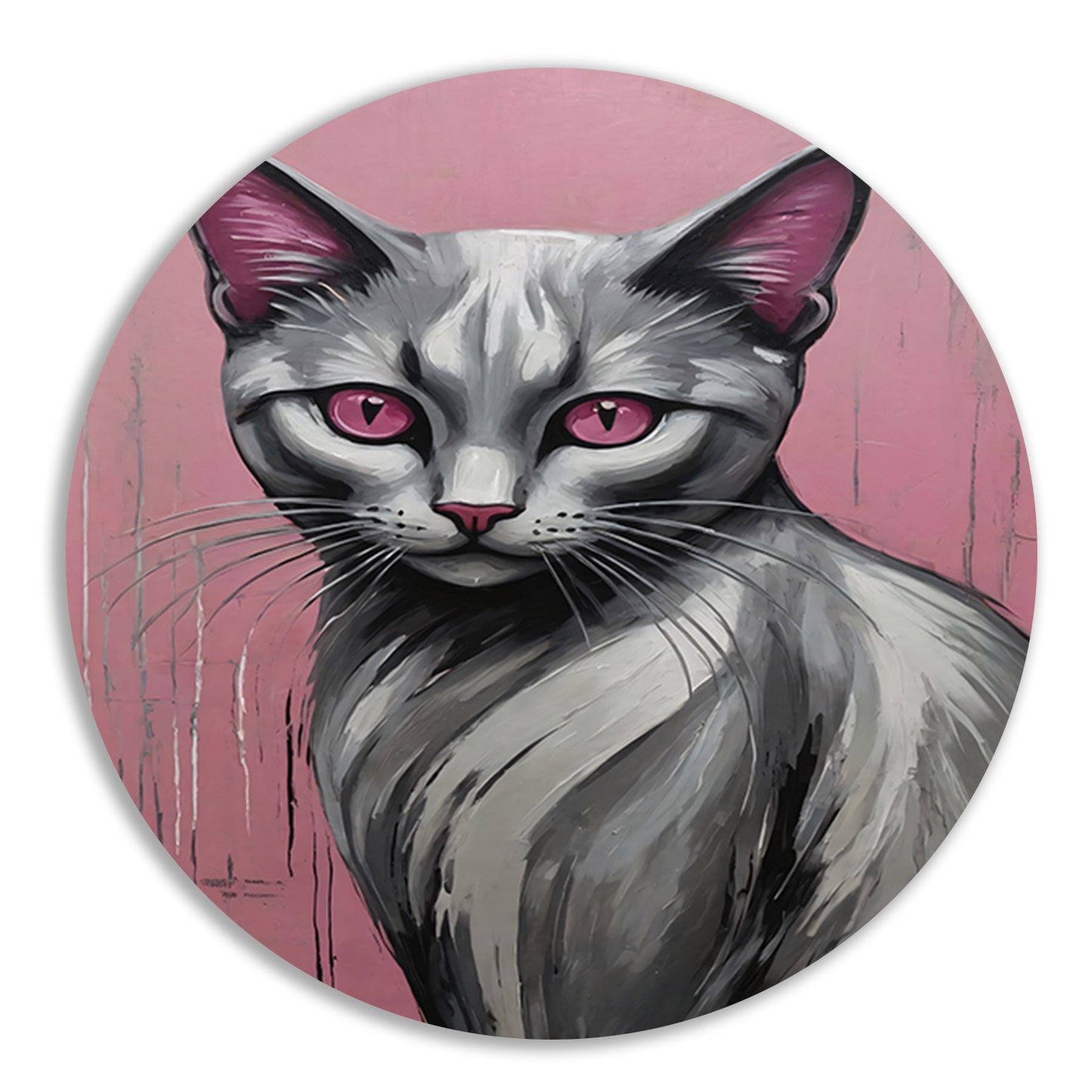 Roze Ogen Zilveren Kat tegen Roze Achtergrond aluminium muurcirkel
