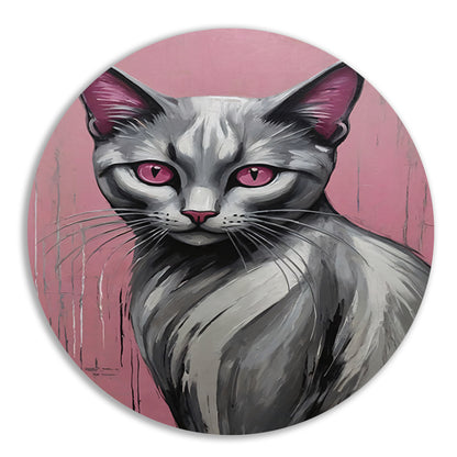 Roze Ogen Zilveren Kat tegen Roze Achtergrond aluminium muurcirkel
