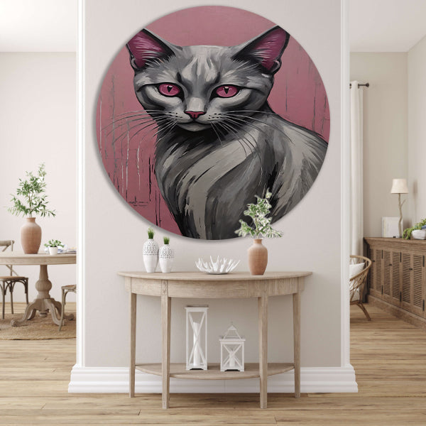 Roze Ogen Zilveren Kat tegen Roze Achtergrond aluminium muurcirkel