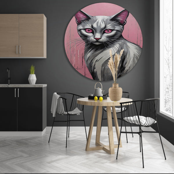 Roze Ogen Zilveren Kat tegen Roze Achtergrond aluminium muurcirkel