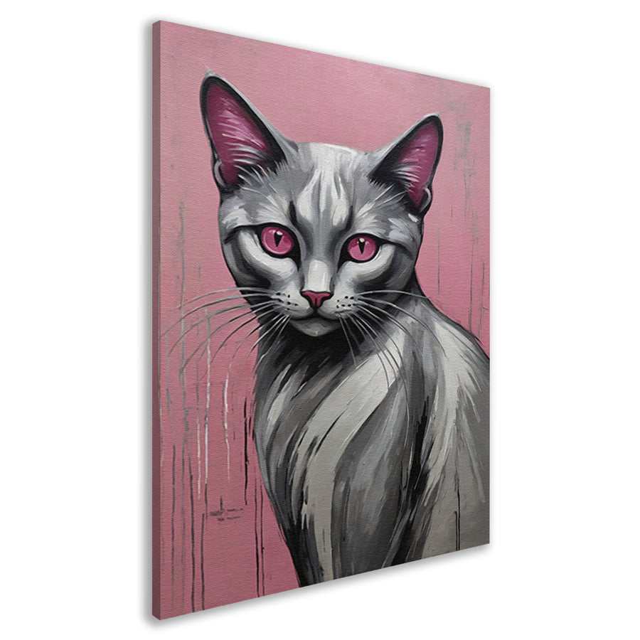 Roze Ogen Zilveren Kat tegen Roze Achtergrond canvas