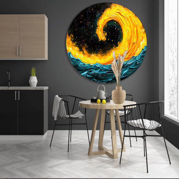 Abstracte schildering van vuur en water aluminium muurcirkel