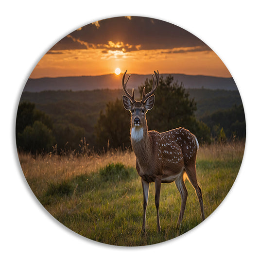 Hert in grasveld bij zonsondergang aluminium muurcirkel