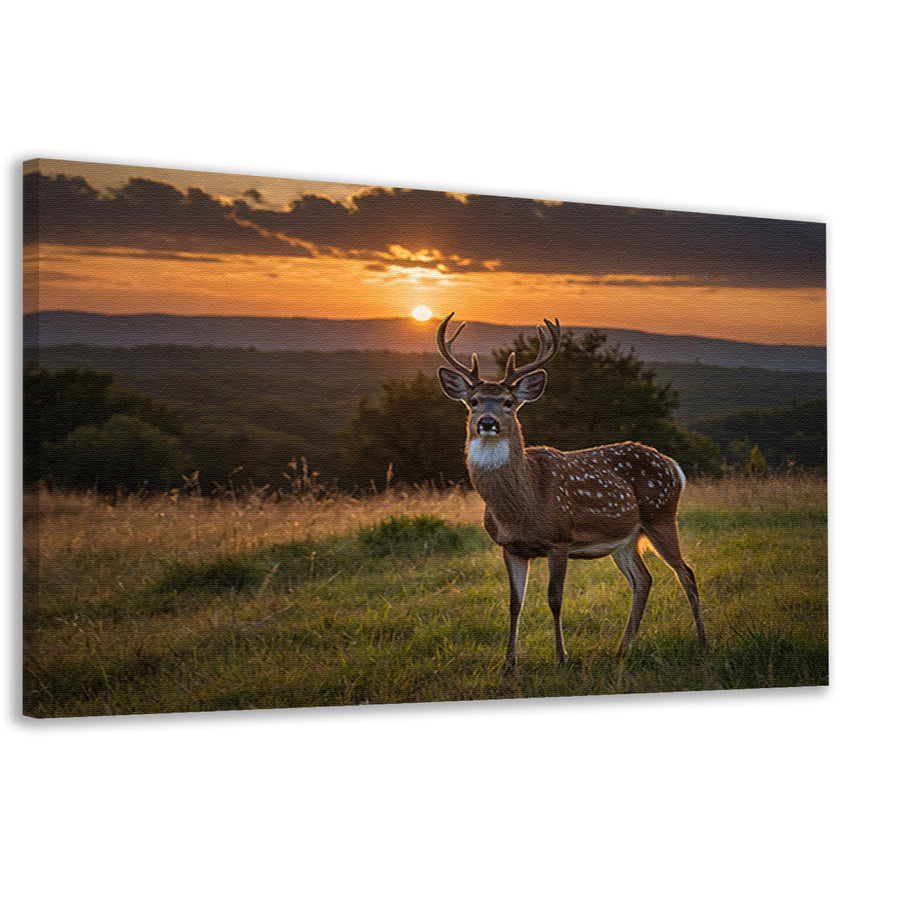 Hert in grasveld bij zonsondergang canvas