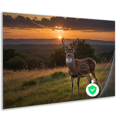 Hert in grasveld bij zonsondergang poster