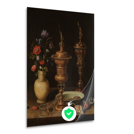 Stilleven met bloemen en vergulde bekers - Clara Peeters poster