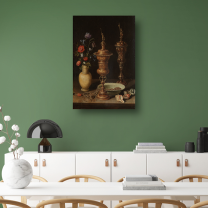 Stilleven met bloemen en vergulde bekers - Clara Peeters canvas met baklijst