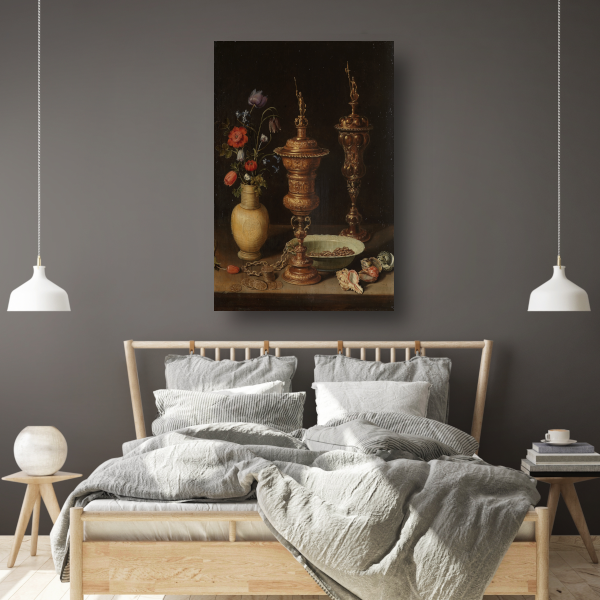 Stilleven met bloemen en vergulde bekers - Clara Peeters canvas met baklijst