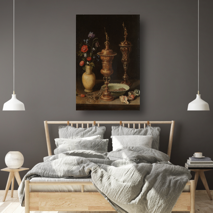 Stilleven met bloemen en vergulde bekers - Clara Peeters poster