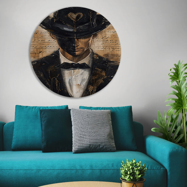 Mysterieuze man met gouden hart aluminium muurcirkel