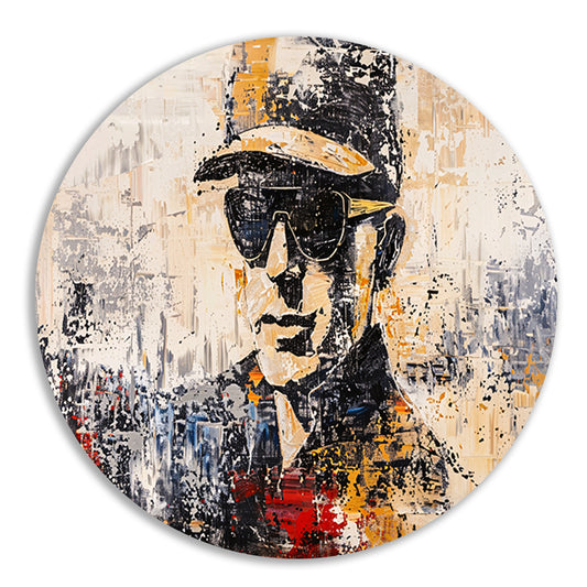 Abstract expressief portret met hoed en bril aluminium muurcirkel
