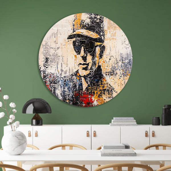 Abstract expressief portret met hoed en bril aluminium muurcirkel