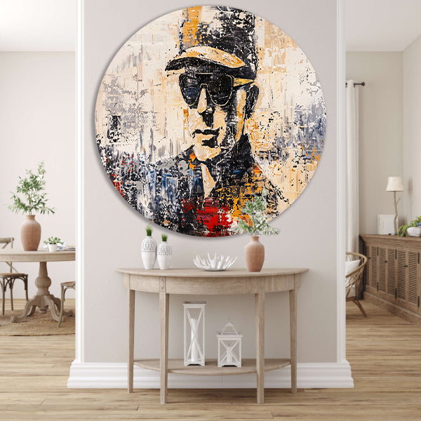 Abstract expressief portret met hoed en bril aluminium muurcirkel
