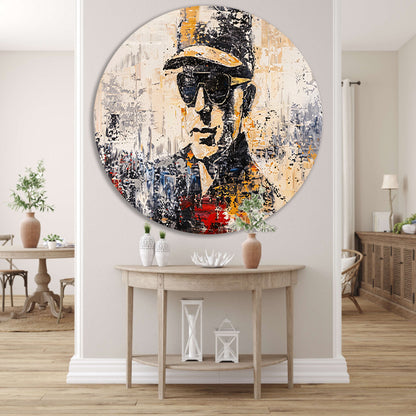 Abstract expressief portret met hoed en bril aluminium muurcirkel