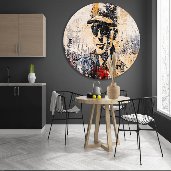 Abstract expressief portret met hoed en bril aluminium muurcirkel