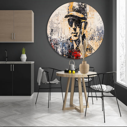Abstract expressief portret met hoed en bril aluminium muurcirkel