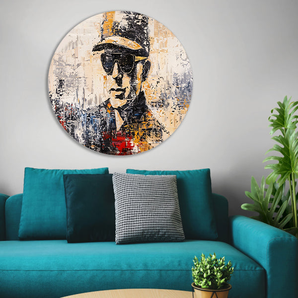 Abstract expressief portret met hoed en bril aluminium muurcirkel