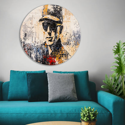 Abstract expressief portret met hoed en bril aluminium muurcirkel