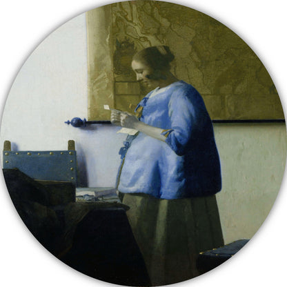 Vrouw in het blauw die een brief leest - Johannes Vermeer aluminium muurcirkel