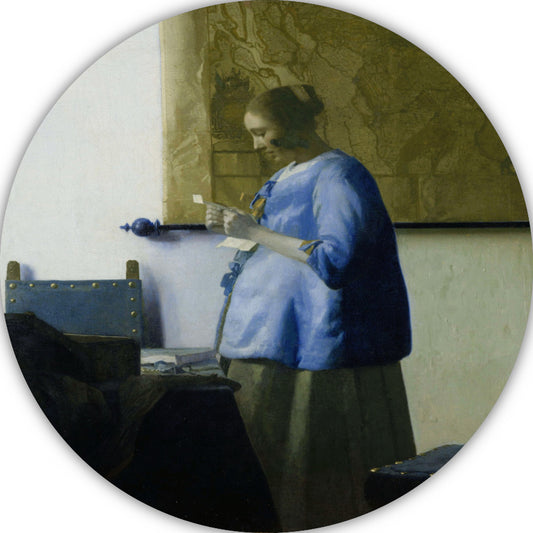 Vrouw in het blauw die een brief leest - Johannes Vermeer aluminium muurcirkel
