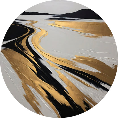 Golvende Horizon in Zwart, Wit en Goud aluminium muurcirkel