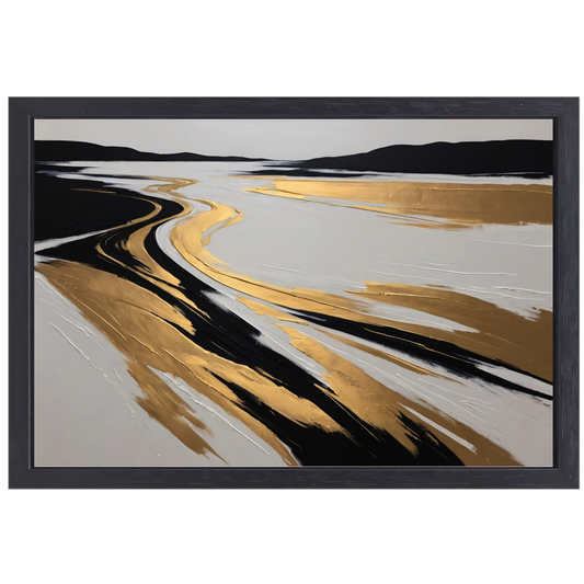 Golvende Horizon in Zwart, Wit en Goud canvas met baklijst
