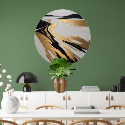 Golvende Horizon in Zwart, Wit en Goud aluminium muurcirkel