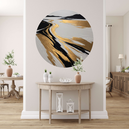 Golvende Horizon in Zwart, Wit en Goud aluminium muurcirkel