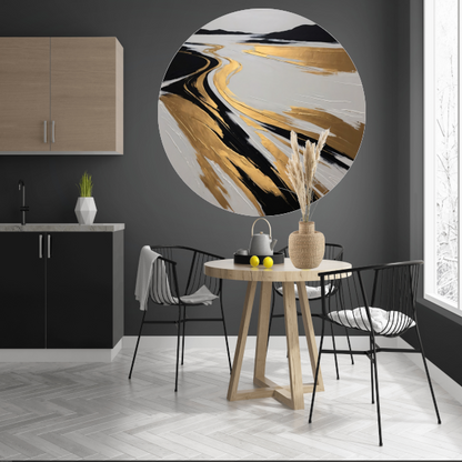 Golvende Horizon in Zwart, Wit en Goud aluminium muurcirkel