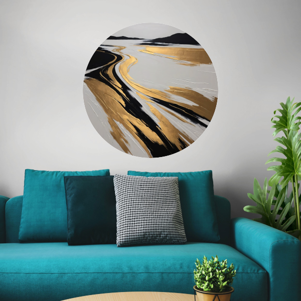 Golvende Horizon in Zwart, Wit en Goud aluminium muurcirkel
