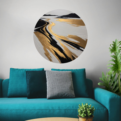 Golvende Horizon in Zwart, Wit en Goud aluminium muurcirkel