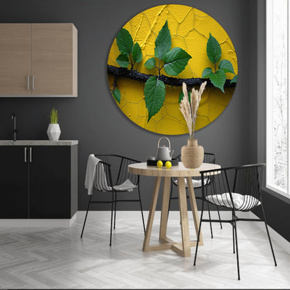 Minimalistisch tak op gele muur aluminium muurcirkel