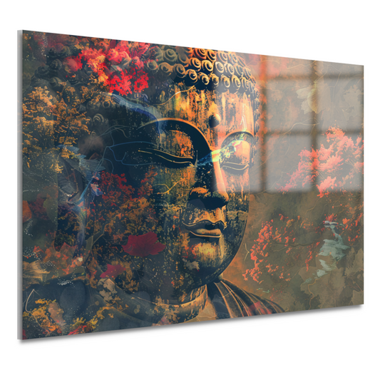 Boeddha in herfstpracht met kleurrijk bladerdek acrylglas