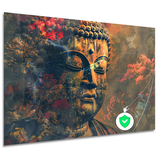 Boeddha in herfstpracht met kleurrijk bladerdek poster