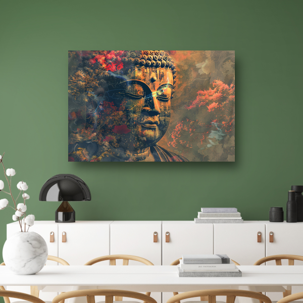Boeddha in herfstpracht met kleurrijk bladerdek canvas
