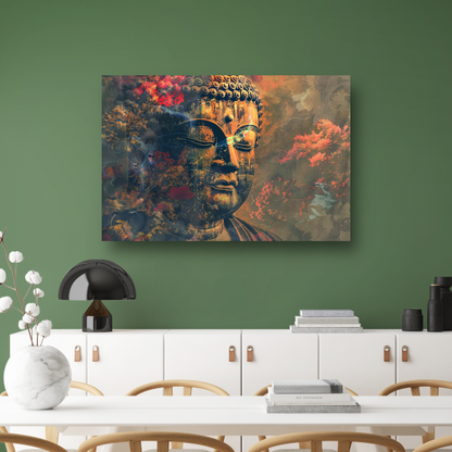 Boeddha in herfstpracht met kleurrijk bladerdek canvas