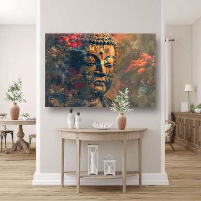 Boeddha in herfstpracht met kleurrijk bladerdek canvas met baklijst